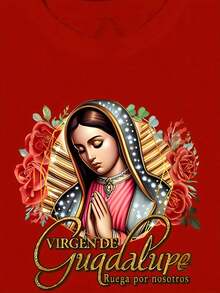 Women's Clothing Short-Sleeved T-Shirt With Round Neck And Virgin Mary Of Guadalupe Print For Women Women's Shirts - 紅色 - 查看 3
