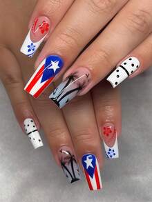 Nâng cấp diện mạo tức thì với 24 móng giả hình vuông cỡ trung bình, mang phong cách Puerto Rico cá tính với phối màu đỏ, trắng và xanh dương, họa tiết hoa Hawaii và cây cọ đen, tạo nên vẻ tươi mới đậm chất Y2K. - Nhiều màu - Xem 2