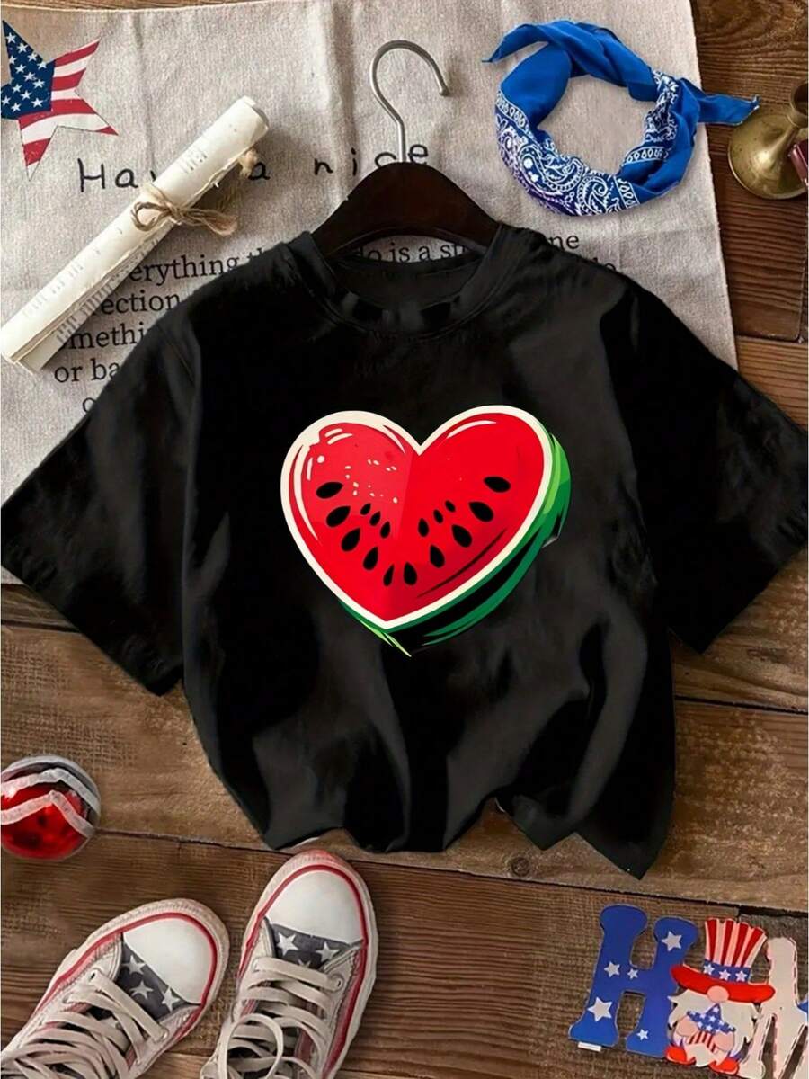 Short-Sleeved T-Shirt With Heart-Shaped Watermelon Print, Casual Round Neck, Women's Clothing. - 黑色 - 查看 1