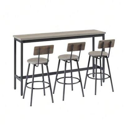 Long Bar Table With 3 PU Padded Bar Stools, Industrial Style, Ideal For The Kitchen, Dining Room, Living Room Or Reception Room, In Rustic Grey And Black Tones.
