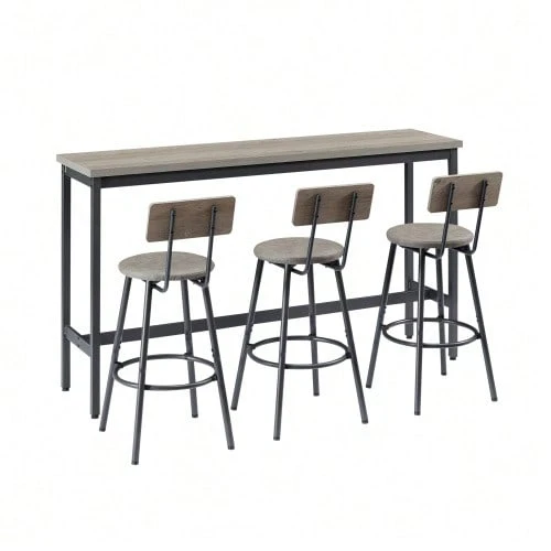 Long Bar Table With 3 PU Padded Bar Stools, Industrial Style, Ideal For The Kitchen, Dining Room, Living Room Or Reception Room, In Rustic Grey And Black Tones. - Grey - View 1