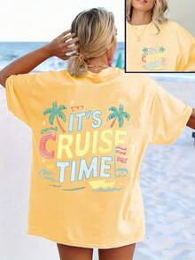 Women's Short-Sleeved T-Shirt With Round Neck, Front And Back Holiday Print, Casual Style For Spring/Summer, Comfortable And Versatile - 杏色 - 查看 6