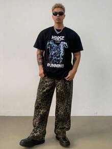 Camiseta negra de verano con estampado abstracto de animales y letras para hombre, estilo vintage urbano, unisex, holgada, de algodón, manga corta, cuello redondo. - Negro - Ver 4