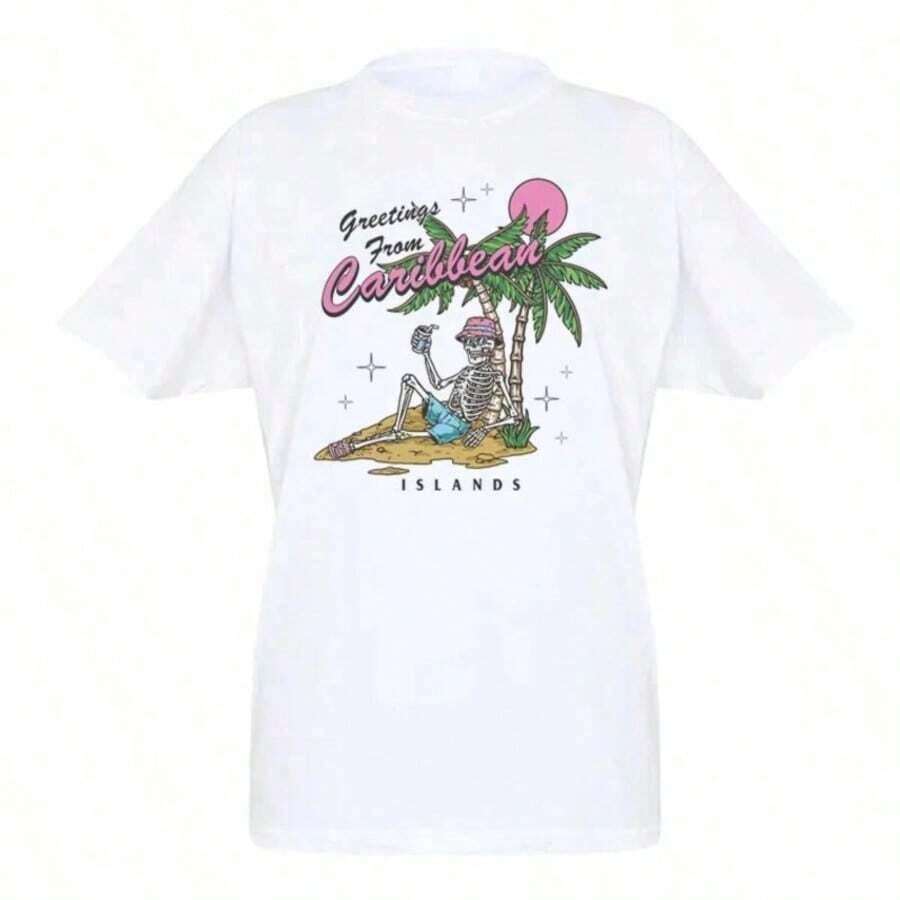 COOL SUMMER Women's Cartoon Fish Print T-Shirt, Soft Cotton, Short Sleeve, Vintage Style, Unisex, Loose Fit, Cotton, Round Neck, Casual Street Style, Blouses For Women, Women's T-Shirts, Casual Blouses For Ladies. - 白色 4 - 查看 1