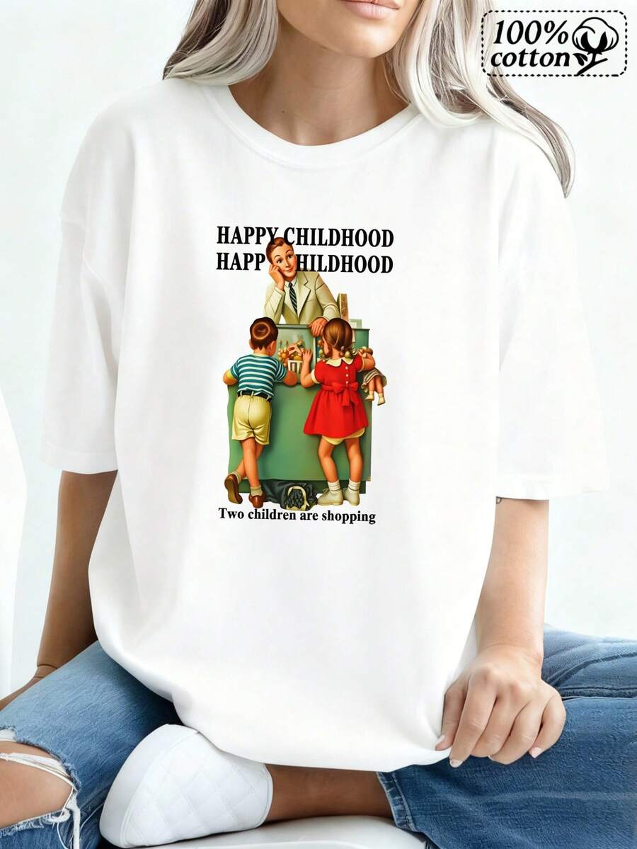 Moda mujer camiseta blanco frontal impresión feliz infancia dos están comprando estilo vintage cómodo vestir casual para las salidas cotidianas y el ocio