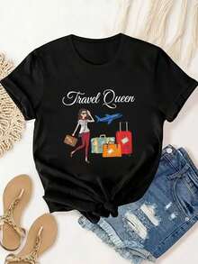 1 Pieza de Camiseta Casual de Moda para Hombres y Mujeres, Camiseta de Mujer con Estampado Travel Queen, Camiseta de Verano para Mujer, Moderna, Casual, Cómoda, Suave, Deportiva y para Fitness, Transpirable, de Cuello Redondo y Manga Corta, Versátil, fácil de combinar, adecuada para uso diario, estilo urbano, ropa de vacaciones, ropa de fin de semana. - Negro - Ver 7