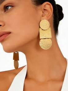 1 Pair Women's Minimalist Geometric Hammered Patchwork Drop Earrings, Round & Square Combination Design, Exaggerated Attention-Grabbing Elegant Earrings For Commute, Party, Evening - Yellow Gold - View 3