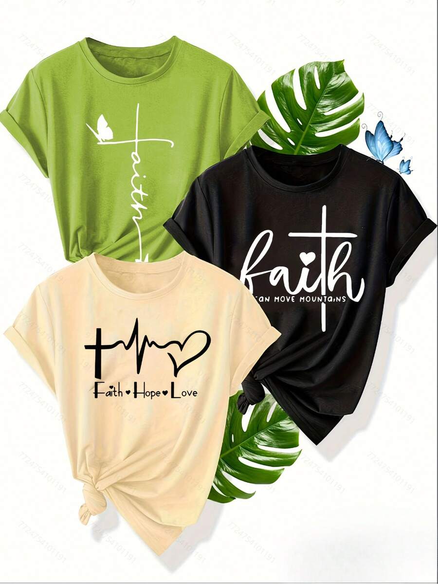 A Women's T-Shirt With A Religious Theme, In Olive Green, Red And Beige, Short Sleeves And Casual Style, Printed With A Crossed Heart And "Faith" Motifs, Made Of Soft Pure Cotton. - 黑色 - 查看 1