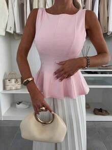 1 pieza Blusa de punto con volantes en el bajo, Uso casual de verano en color rosa - Rosa - Ver 6