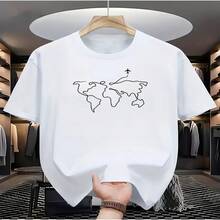 Women's White Cotton Travel Map Graphic Round Neck Short Sleeve T-Shirt, Regular Fit Casual Summer Tee, Soft Stretch Fabric Top - Blanco - Ver 1