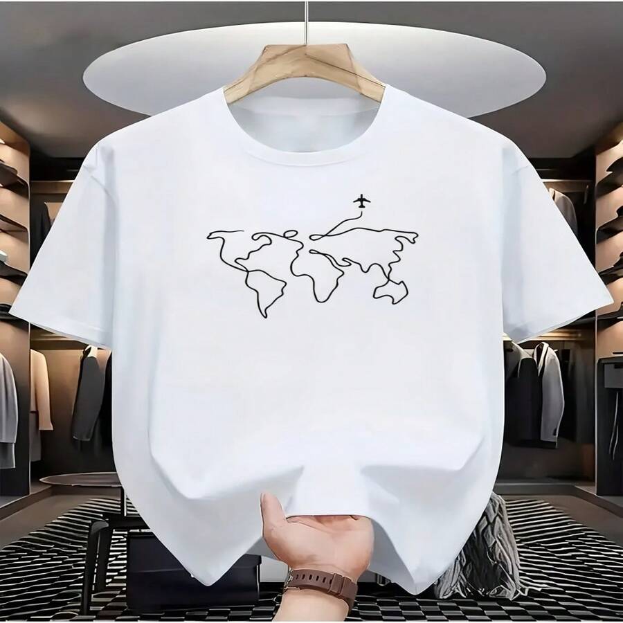 Women's White Cotton Travel Map Graphic Round Neck Short Sleeve T-Shirt, Regular Fit Casual Summer Tee, Soft Stretch Fabric Top - Blanco - Ver 1