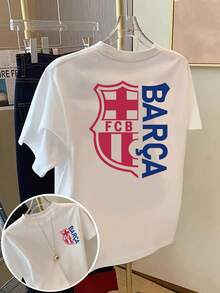 Camiseta de Mujer con el Logo del FC Barcelona - Diseño Oficial del Equipo, Transpirable - Mezcla de Tejidos, Cuello Redondo Casual, Manga Corta para Aficionados, Ropa Casual Cómoda para Todas las Temporadas, Artículos para Aficionados, Estilo, Tela Duradera, Ropa para Aficionados, Estilo Y2k, Camiseta - Blanco - Ver 10