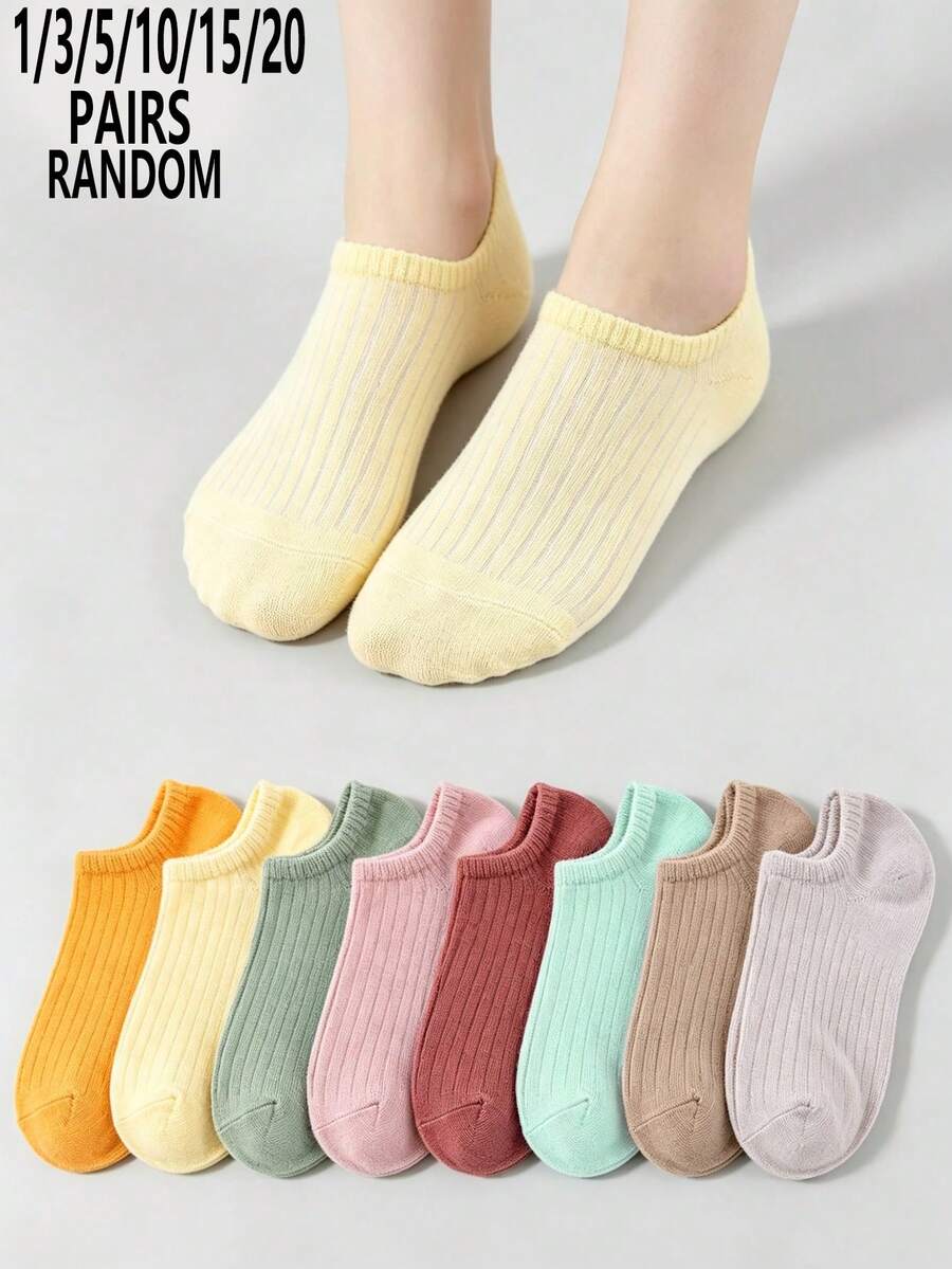 1/3/5/10/15/20 Pairs Random Women Spring/Summer Vertical Stripe Breathable Fashionable Low-Cut Invisible Socks - Multicolor - View 1