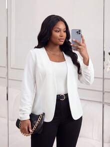 SHEIN Lady CURVE Plus Size Women's Solid Color Simple Daily Long Sleeve Jacket,Business Casual Woman Winter Fall Autumn - White - View 4