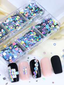 6 Compartments Holographic Silver Nail Sequins Set, Geometric Patterns Iridescent Glitters, Chic Nail Art DIY Decorations - Silver - View 3