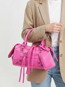 1 pieza Charm para bolso pequeño de material PU retro con cremallera, borlas de metal incrustadas con remaches, diseño de empalme en rosa fucsia, banda con bucle, estilo dulce y cool, biker bag, Y2K punk, bolso cuadrado - Rosa Fucsia - Ver 3