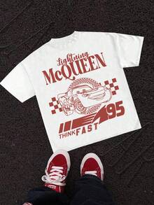 Disney Officially Licensed Men's Summer "Lightning McQueen #95" Vintage-Print Casual T-Shirt - Crafted From Ultra-Soft, Lightweight Fabric; Perfect For Everyday Wear And Racing Fans. - 白色 - 查看 3