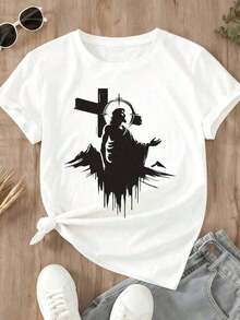 ropa de mujer  1pscWhite T Shirt With Jesus Christ And Cross Design For Religious Wear And Casual Outfits2026  camisas de mujer - Blanco - Ver 3