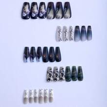 30pcs Long Almond Press On Nails - Dark Fantasy Theme With Realistic Animal Portraits And Moody Scenery, Unique Hand-Drawn Art Nails For Creative Souls, With Jelly Gel Stickers And Nail File - 黑色果凍膠 - 查看 2