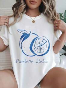 Camiseta Casual de Manga Corta para Mujer - Cuello Redondo con Estampado de Limón Azul y Texto Positano Italia, Top de Verano, Lavable a Máquina, Camisetas para Damas, Ropa Casual, Estilo Moderno, Ajuste Cómodo  
 -Blanco - Blanco - Ver 7