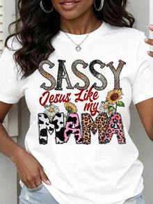 Camiseta de Cuello Redondo para Mujer, Diseño Casual de Verano con Estampado de Leopardo y Vaca, Diseño Floral, Manga Corta, Estilo Sassy Jesus Like My Mama - Blanco - Ver 7