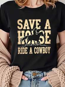 Camiseta de Mujer con Estampado Gráfico de Vaquero y Caballo Estilo Western "Save A Horse Ride A Cowboy", Manga Corta, Cuello Redondo, Estilo Casual para Verano y Primavera, Ropa de Mujer - Camiseta Unisex de Algodón Suelto de Manga Corta y Cuello Redondo Estilo Vintage Urbanoblusas para mujer>ropablusas para mujer>ropa - Negro - Ver 6