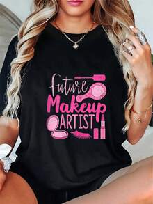 100% Cotton Plus Size - Plus Size - Future Makeup Artist Print T-Shirt - Pink And Black Makeup Artist T-Shirt With Brush And Lipstick Design, Casual Crew Neck T-Shirt For Women, Comfortable Fit For All Seasons, Makeup Artist T-Shirt, Beauty Salon Clothing, Vibrant Design, Comfortable Fit For Casual Daily Wear. - 黑色 - 查看 4