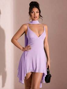 Vestido corto de gasa con escote en V profundo y cinta de color negro sólido, adecuado para citas diarias, salidas nocturnas, discotecas, fiestas, reuniones, fiestas de cóctel, monos de vacaciones, fiestas en la piscina, ropa de oficina, vestidos para ir y venir - Púrpura malva - Ver 1