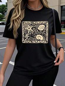 Camiseta de manga corta para mujer, diseño vintage pintado a mano con motivos costeros de surf, estampado artístico, creativo y divertido con elementos populares del océano y la naturaleza, top transpirable y elástico de cuello redondo, cómodo para usar al aire libre en primavera, verano y otoño, top Y2K lindo, holgado, casual y sencillo de moda con cuello redondo, camisa estampada de tela suave para uso diario. - Negro - Ver 6