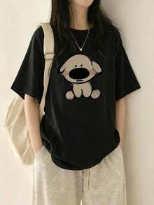 Camiseta de manga corta con cuello redondo para mujer, nueva de verano con estampado de perro de dibujos animados, top holgado, versátil y casual a la moda. - Negro - Ver 1