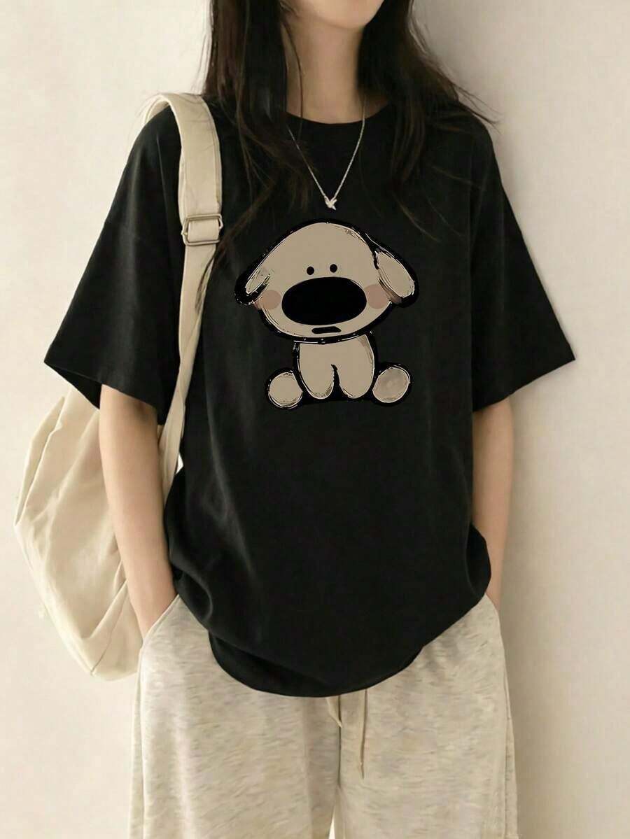 Camiseta de manga corta con cuello redondo para mujer, nueva de verano con estampado de perro de dibujos animados, top holgado, versátil y casual a la moda. - Negro - Ver 1