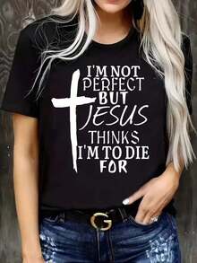 Soft 100% Cotton Plus Size T-Shirt With Cross And Letter Print, Casual Short Sleeve T-Shirt For Spring And Summer, Plus Size Women's Clothing, Breathable Cotton T-Shirt, Goes With Everything, Great. - 黑色 - 查看 1