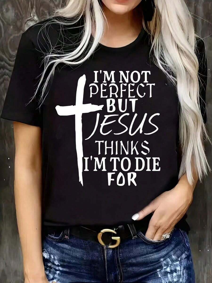 Soft 100% Cotton Plus Size T-Shirt With Cross And Letter Print, Casual Short Sleeve T-Shirt For Spring And Summer, Plus Size Women's Clothing, Breathable Cotton T-Shirt, Goes With Everything, Great. - 黑色 - 查看 1