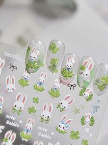1 Piece Of Spring Green Dress Rabbit 5D Relief Nail Sticker Clover Green Apple Blue Bow Fresh Garden Style Self-Adhesive Nail Art Sticker - Multicolor - View 2
