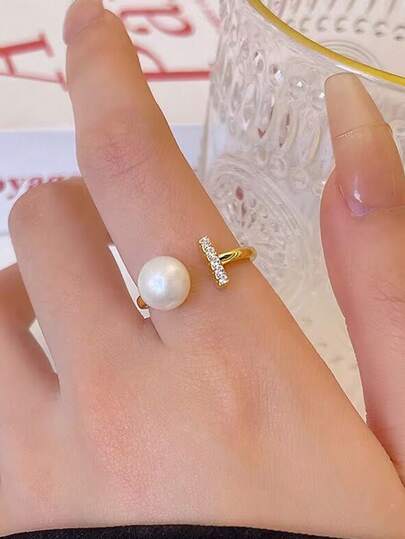1 chiếc nhẫn hở hình chữ T đính đá và ngọc trai – Nhẫn đeo ngón tay kiểu dáng tối giản, sang trọng, đa năng, phù hợp đeo hàng ngày, trang sức nổi bật cho mùa hè và kỳ nghỉ dành cho nữ.