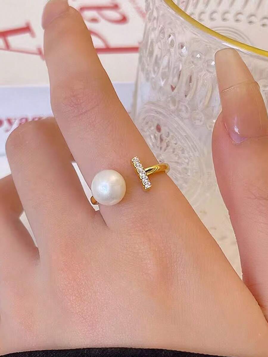 1 chiếc nhẫn hở hình chữ T đính đá và ngọc trai – Nhẫn đeo ngón tay kiểu dáng tối giản, sang trọng, đa năng, phù hợp đeo hàng ngày, trang sức nổi bật cho mùa hè và kỳ nghỉ dành cho nữ. - Vàng - Xem 1