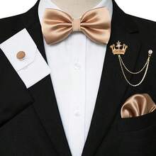 Conjunto de corbata de moño anudada de unicolor, pañuelo de bolsillo, gemelos y broche de solapa para hombres (Corbata de moño + Pañuelo de bolsillo + Gemelos + Broche de cadena colgante) - Multicolor - Ver 8