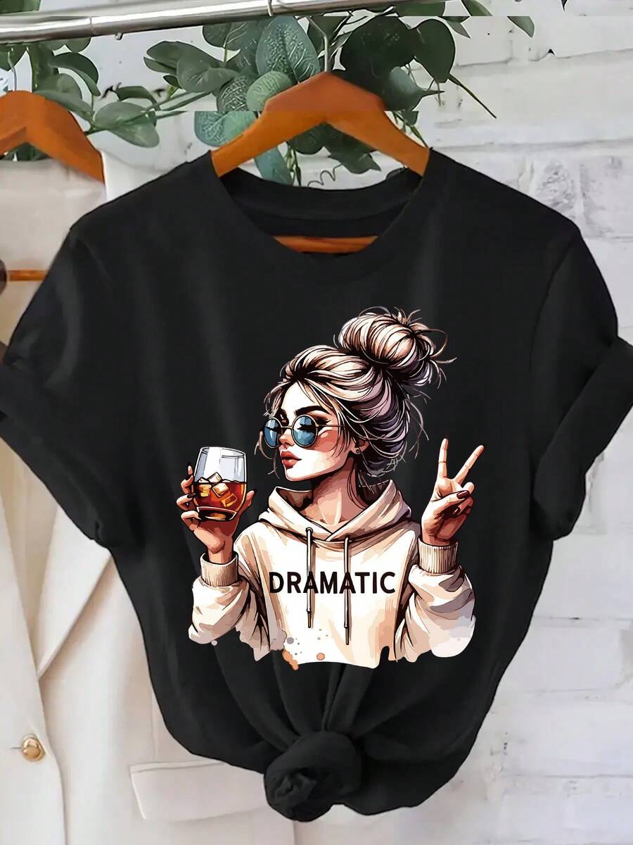 Soft 100% Cotton "DRAMATICA" T-Shirt, 1 Piece, Short-Sleeved T-Shirt With A Round Neck And Print For Women, Casual And Comfortable For Everyday Wear, Print Combined With A Comfortable Round Neck, The Perfect Choice For Summer. Breathable Cotton T-Shirt, Goes With Everything. - 黑色 - 查看 1