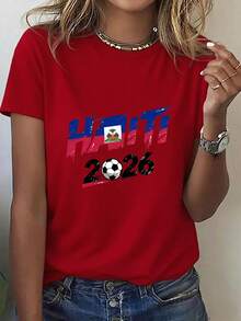 Soft, 100% Cotton, One-Piece Women's T-Shirt With A Crew Neck And Print. Part Of The USA-Mexico Clothing Series, This Energetic, Crew-Neck T-Shirt Features A 2026 Haiti Print And Is Perfect For Everyday Wear. Ideal For Soccer Fans And Cheerleaders. This New, Breathable Cotton T-Shirt Is Ideal For Spring/Summer, Easily Paired With Anything, And Stays Cool And Comfortable. - 紅色 - 查看 1