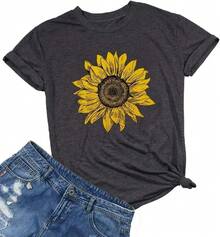 Camiseta de manga corta con estampado de girasol para mujer, linda, divertida, gráfica, informal, para adolescentes. - Negro - Ver 7