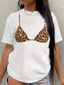 Women's Light Blue Leopard Print Lingerie Design T-Shirt - Casual Loose Fit, Crew Neck, Short Sleeve, Breathable, Versatile Shirt For All Seasons, Ideal For Casual Outfits, Parties, And Sports. | Sporty And Feminine Style, Durable And Easy-Care Fabric, Y2k T-Shirt - 白色 - 查看 10