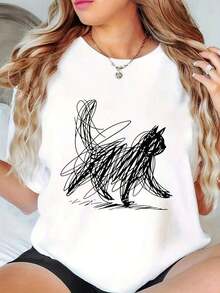 Manga corta, Tallas grandes, Estilo deportivo casual, Camiseta de mujer con estampado de gato abstracto estilo graffiti, Top casual de manga corta combinado con un exquisito diseño de collar, Diseño artístico y divertido adecuado para uso diario, Camisetas de mujer para exteriores, Ropa de verano para mujer, Ocio. - Blanco - Ver 7