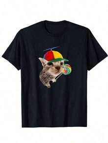 Women's Custom Soft Cotton T-Shirt, Funny Cat With Lollipop Print Tee, Unisex Graphic Tees, 100% Cotton Women's T-Shirt, Crew Neck, Short Sleeve, For Graduation Season | Class Of 2026 - Unisex Vintage Urban Style Cotton T-Shirt, Short Sleeve And Crew Neck - 黑色 - 查看 4