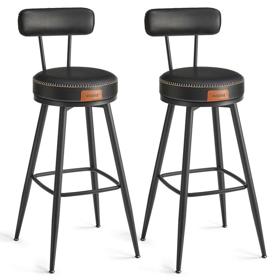 VASAGLE EKHO Collection - Juego de 2 taburetes de bar giratorios con altura de barra con espalda, piel sintético con costura, moderno de mediados de siglo, taburetes de bar de 30 pulgadas de alto para - Negro - Ver 1
