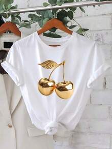 Camiseta de cuello redondo2026 Spring/Summer New Women's Round Neck Gold Cherry Print Fashion Summer Cool Short Sleeve Summer Casual T-Shirt,Camiseta con estampado kawaii,Top de estilo urbano hip-hop,blusas para mujer,La elección perfecta para tus atuendos de San Valentín,afiliado ,camiseta masculina con gráfico divertido,Prenda masculina de moda - Blanco - Ver 7