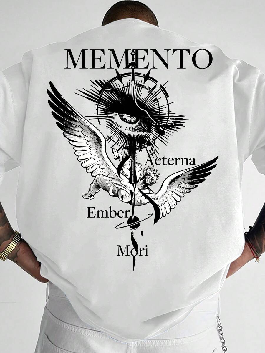 Camiseta de hombre estilo retro americano con estampado de ojos de ángel y cruz, prenda versátil para el gimnasio y la moda urbana masculina. - Blanco - Ver 1