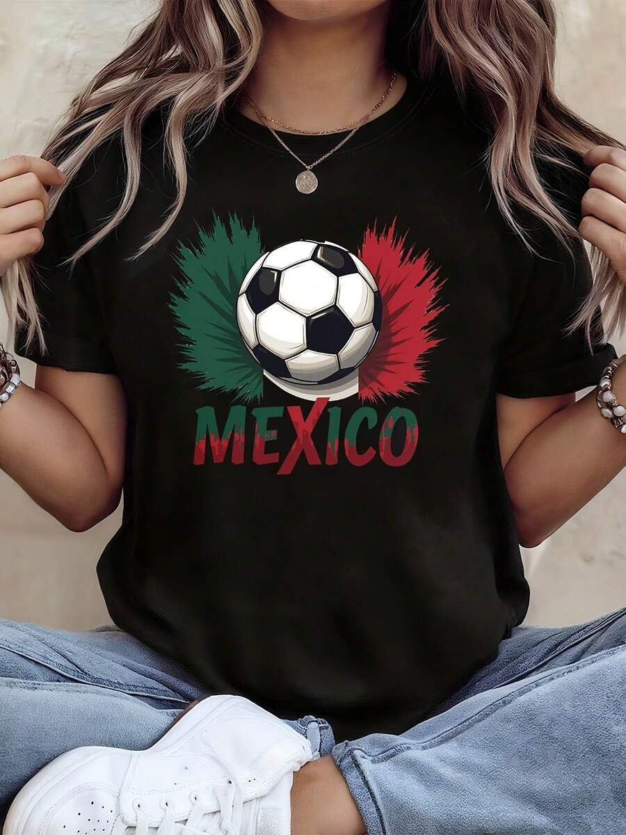Camiseta de Mujer con Estampado de Fútbol Mexicano, Top para Eventos Deportivos y Reuniones Mexicanas, Estilo Vibrante y Apasionado de Manga Corta, Camiseta Casual para Uso Diario - Negro - Ver 1