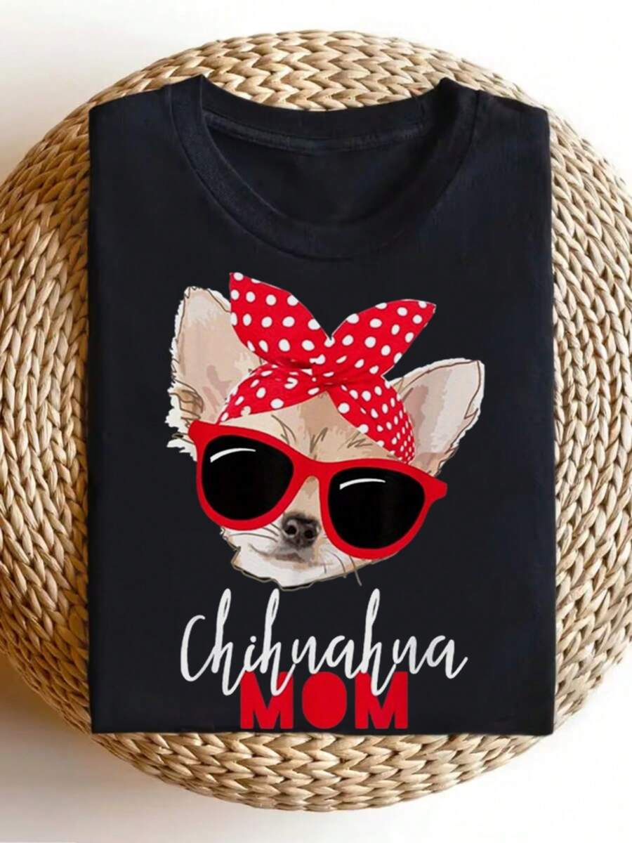 Chihuahua Dog Mom T-Shirt, Crew Neck T-Shirt With Dog Applique Wearing Glasses, Casual Short Sleeve T-Shirt For All Seasons, Unisex Heat Transfer Knit Fabric, Regular Fit - Sizes S-XXXL.Jpg1 - 黑色 - 查看 1