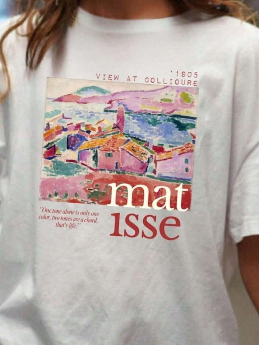 Crew Neck T-Shirt With A Matisse-Themed Abstract Art Print, Featuring A Creative Design, Short Sleeves, A Casual Style, And A Standard Fit, Suitable For Spring And Autumn. Hand Washing Is Recommended. Ideal For Business Casual Meetings And Everyday Wear. T-Shirt, Sweatshirt, Casual Wear, Y2K Style, Y2K Style Sportswear, Crew Neck, 100% Cotton, Soft Fabric, Short Sleeves. - 白色 3 - 查看 1