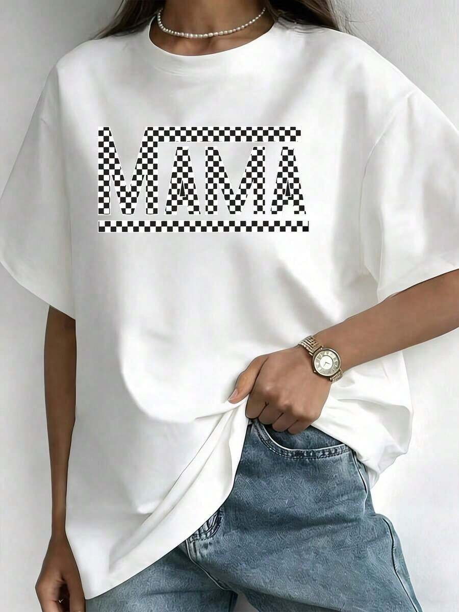 NewSummerCasualPAYEAH 1 Piece Crew Neck T-Shirt With "Mama" Letter Print 100% Cotton - Soft Medium Stretch Polyester Short Sleeve Top For Spring And Summer - Relaxed Fit, Casual, Alphabet Print, Positioned Print, Regular Length, Knit Fabric, All Seasons Wear, 220g Thick Cotton T-Shirt - Vintage Urban Style, Unisex Loose Fit Short Sleeve Crew Neck Cotton T-Shirt - 白色 - 查看 1